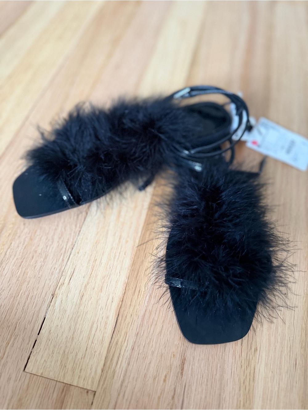 Zara Black Feather-Trim Strappy Sandals